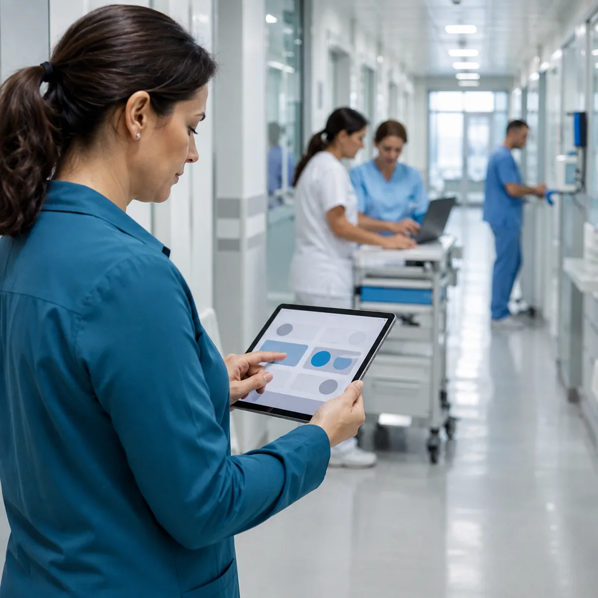 Escena conceptual de una observadora con una tablet en un entorno hospitalario